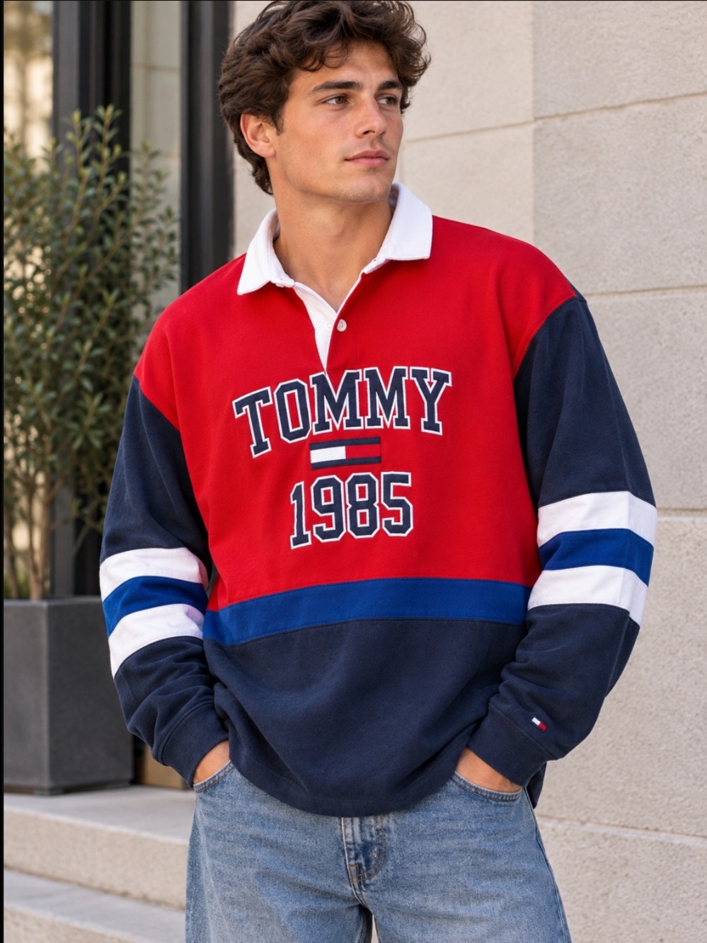 Vintage Tommy Hilfiger Rugby Shirt Large Red Navy Colorblock 1985 Y2K Preppy